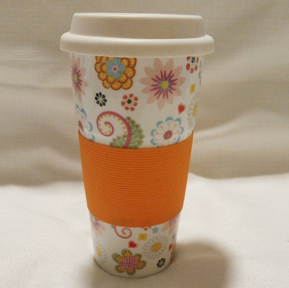 Century Spring Floral Ceramic Travel Mug with Orange Grip and Lid